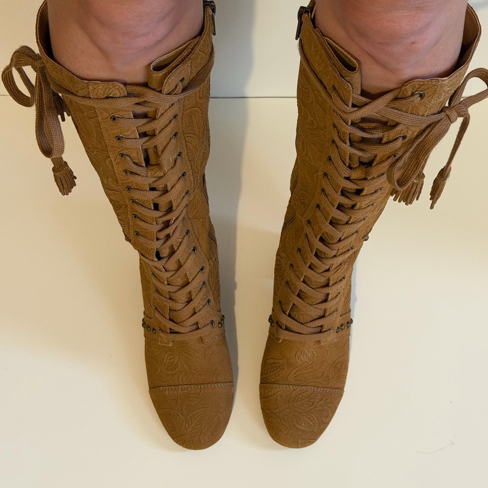 JOYFOLIE MARITA TALL BOOT IN PECAN Tan Lace-Up Knee-High Boots Floral Sude - Picture 3 of 11